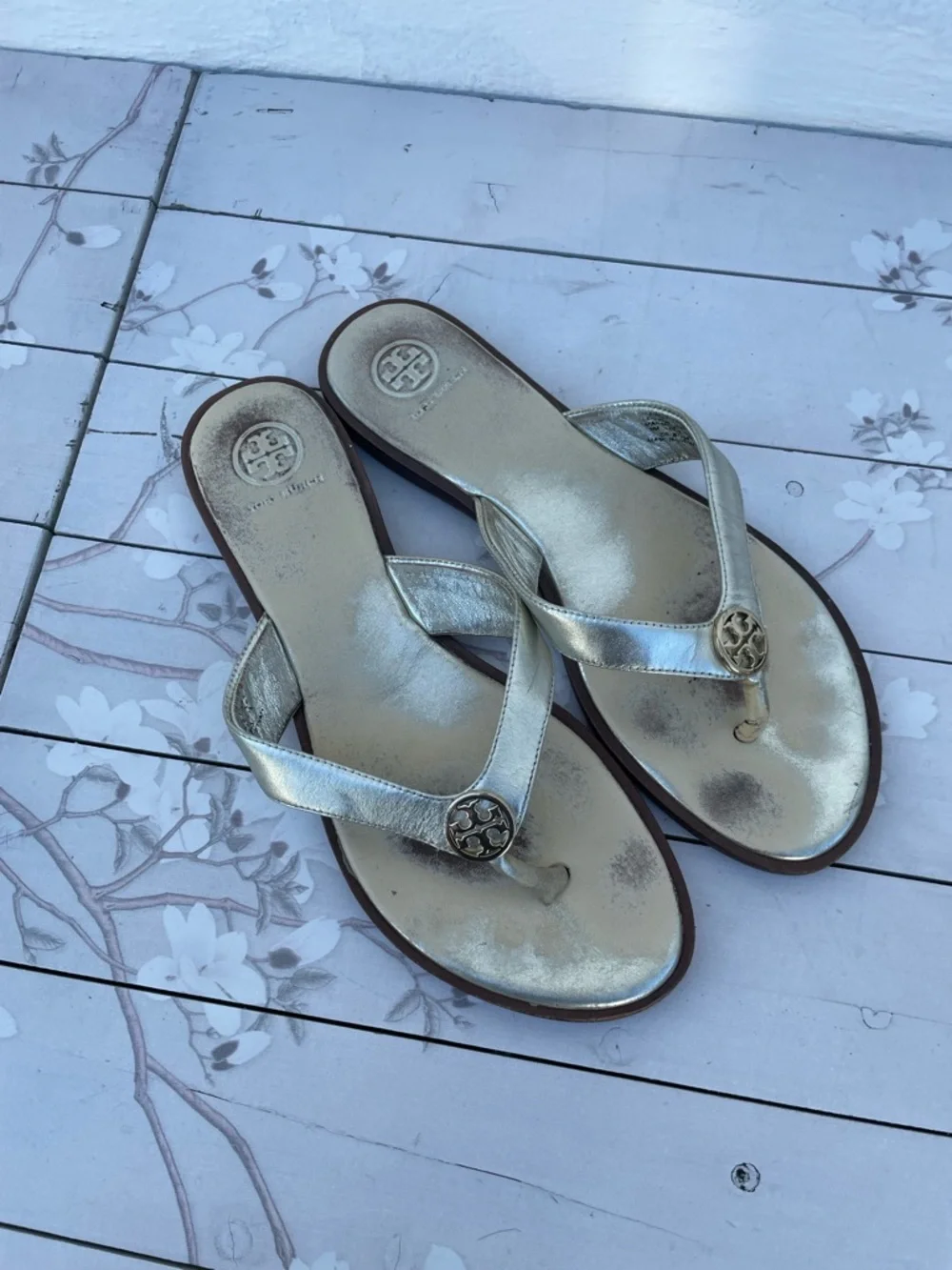 Tory Burch Metallic Gold Thong Sandals with Logo Medallion